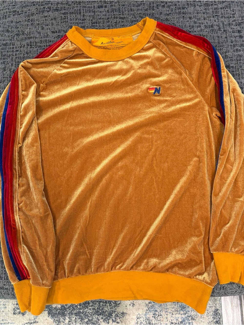 Aviator Nation Women’s Mustard Velvet Crewneck with Red & Blue Sleeve Stripes